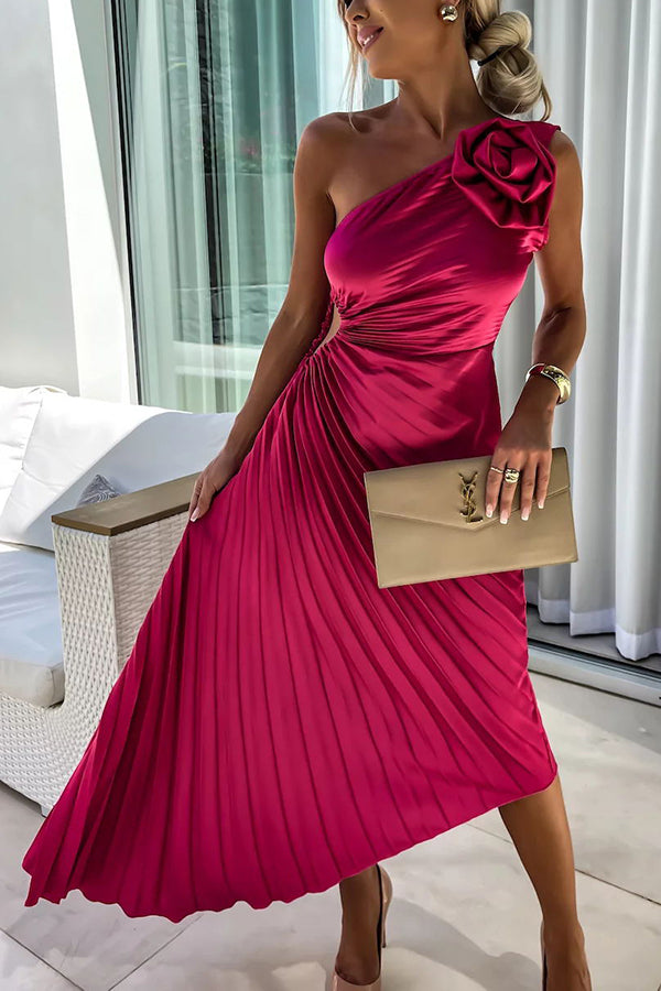Rosalind | One Shoulder Womens Pleated Midi Dress with Rosette