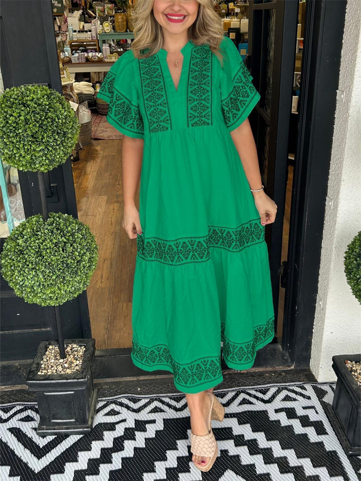 Zara | Geometric Embroidered Tiered Boho Dress with Flutter Sleeves