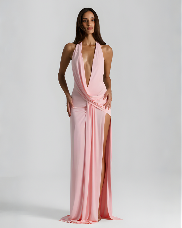 Isolde | Draped Cowl Neck Thigh Slit Halter Neck Dress