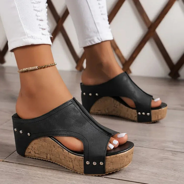 Capri | Peep Toe Cork Platform Wedge Sandals with Stud Detail