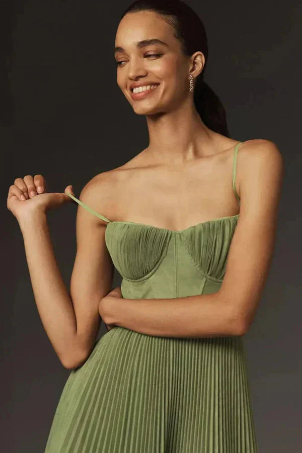 Celeste | Womens Pleated Midi Dress with Corset Bodice