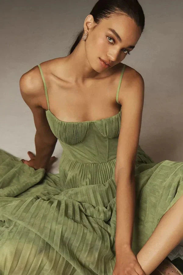 Celeste | Womens Pleated Midi Dress with Corset Bodice