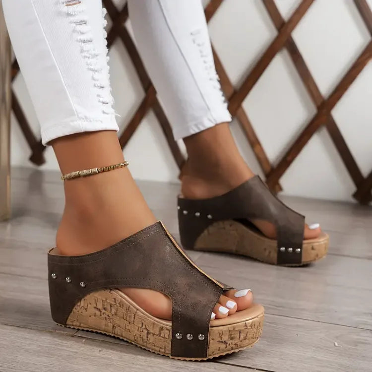 Capri | Peep Toe Cork Platform Wedge Sandals with Stud Detail