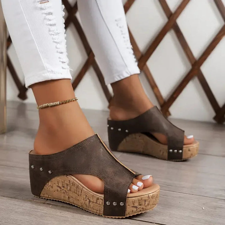 Capri | Peep Toe Cork Platform Wedge Sandals with Stud Detail