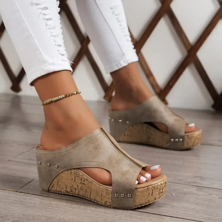 Sorrento | Peep Toe Cork Wedge Sandals with Stud Trim