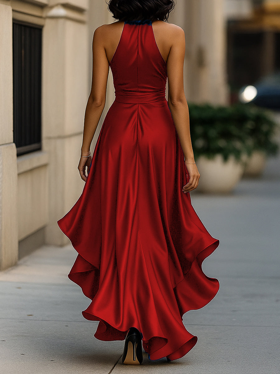 Dominique | Satin Halter Wrap Bow Formal Maxi Dress