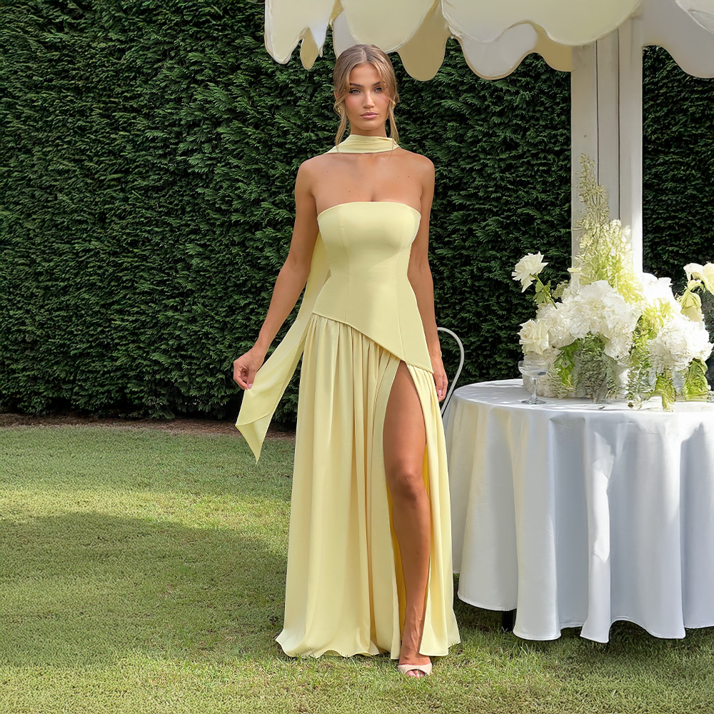 Odessa | Women's Strapless Maxi Dress with High Slit Detail