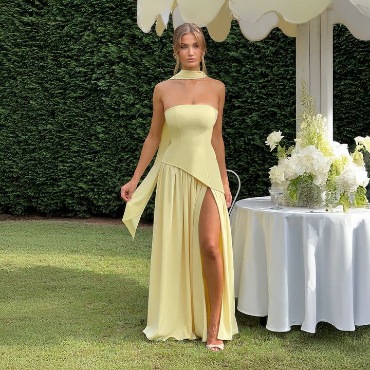 Odessa | Women's Strapless Maxi Dress with High Slit Detail