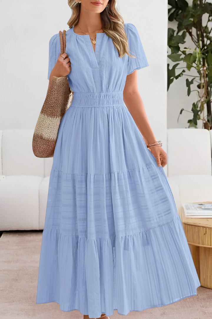 Sunniva | Notch Neck Flutter Sleeve Tiered Boho Dress with Smocked Waist