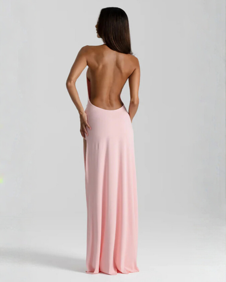 Isolde | Draped Cowl Neck Thigh Slit Halter Neck Dress