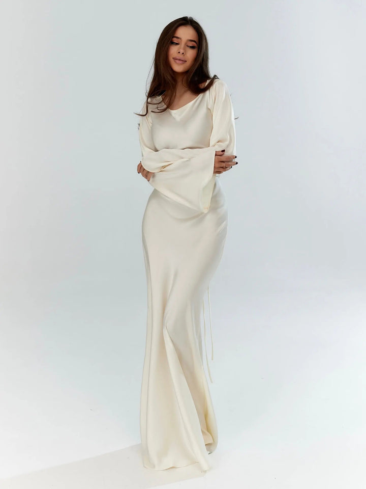Anouk | Women's Long Sleeve Satin Maxi Dress with Draped Cowl Neck Detail