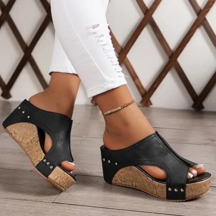 Sorrento | Peep Toe Cork Wedge Sandals with Stud Trim