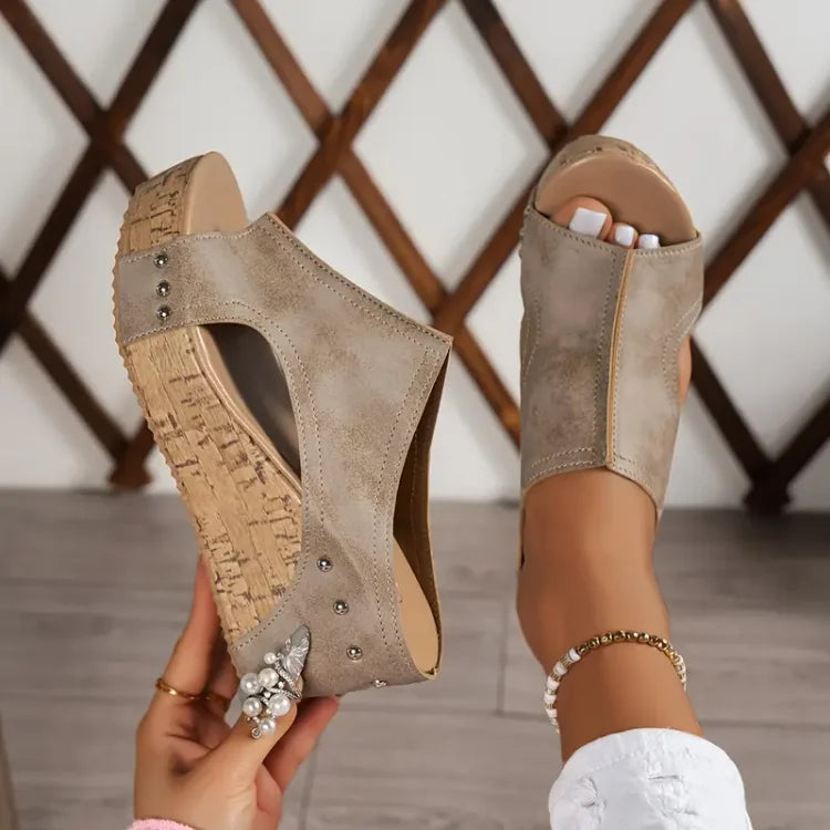 Capri | Peep Toe Cork Platform Wedge Sandals with Stud Detail