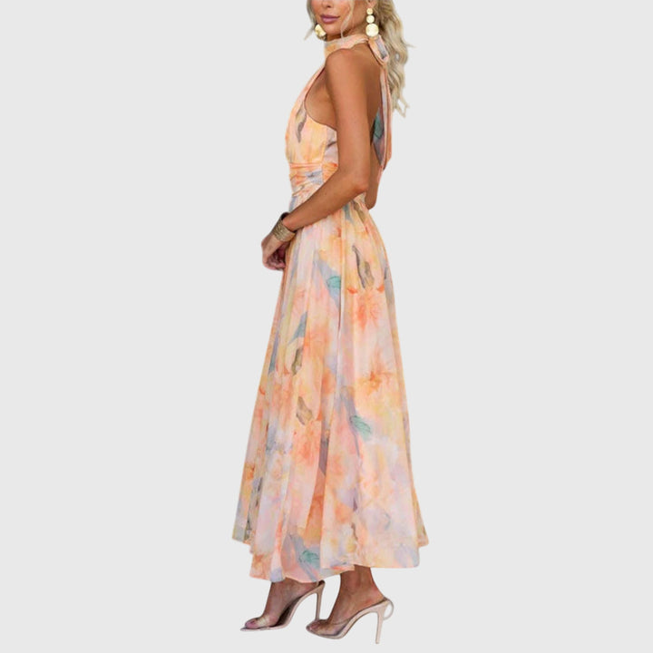 Soleil | Watercolour Floral Wrap Halter Neck Maxi Dress in Chiffon