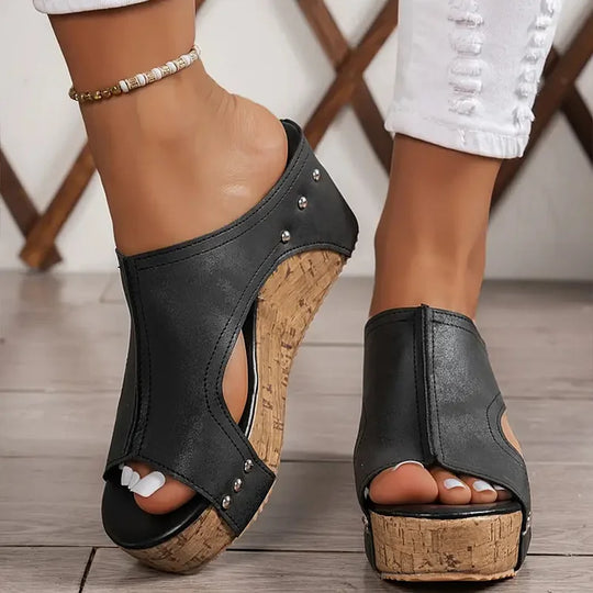 Capri | Peep Toe Cork Platform Wedge Sandals with Stud Detail