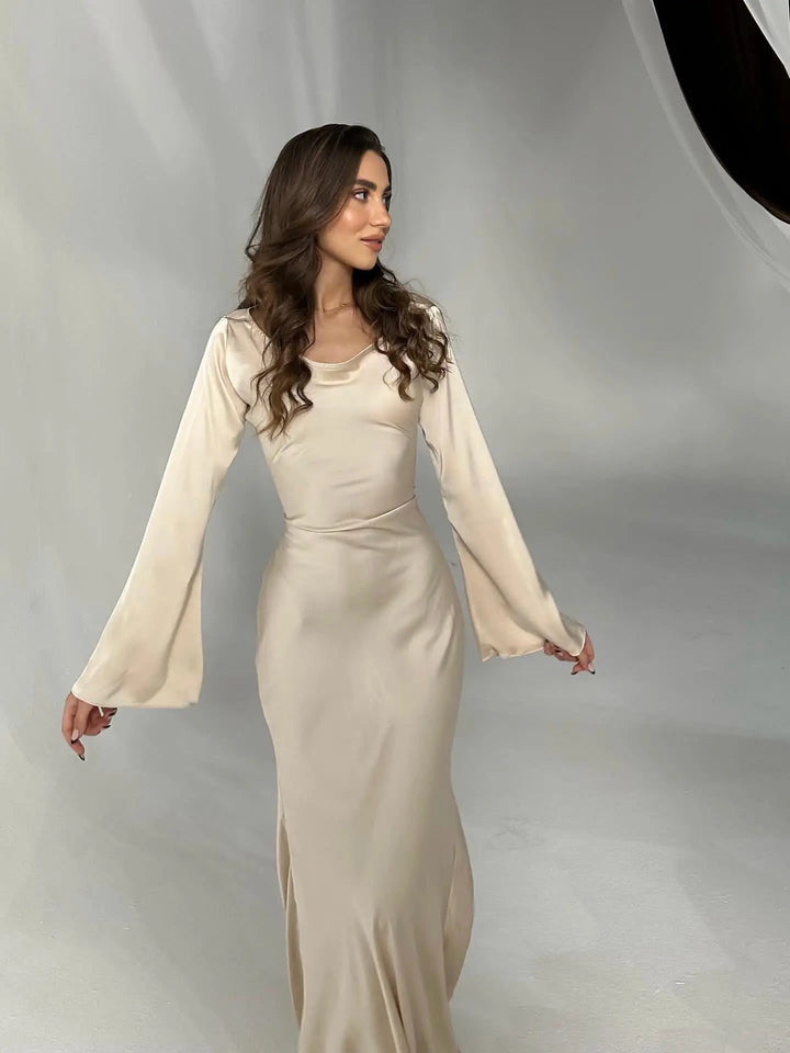 Anouk | Women's Long Sleeve Satin Maxi Dress with Draped Cowl Neck Detail