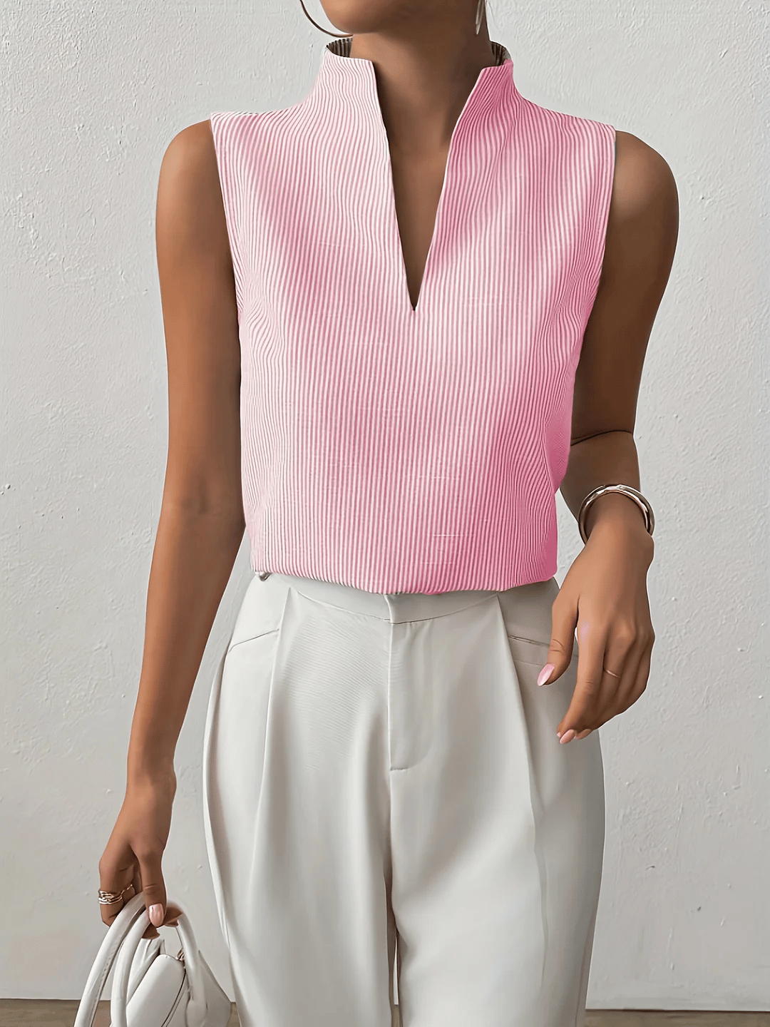 Riviera | Striped V-Neck Sleeveless Top with Stand Collar