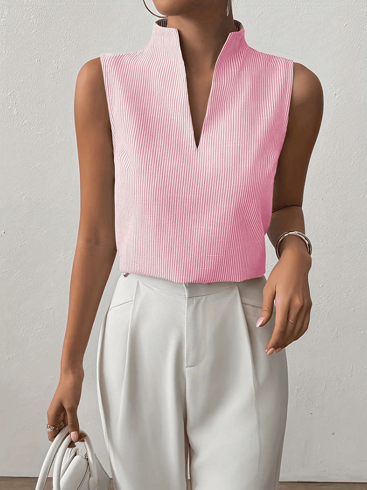 Riviera | Striped V-Neck Sleeveless Top with Stand Collar