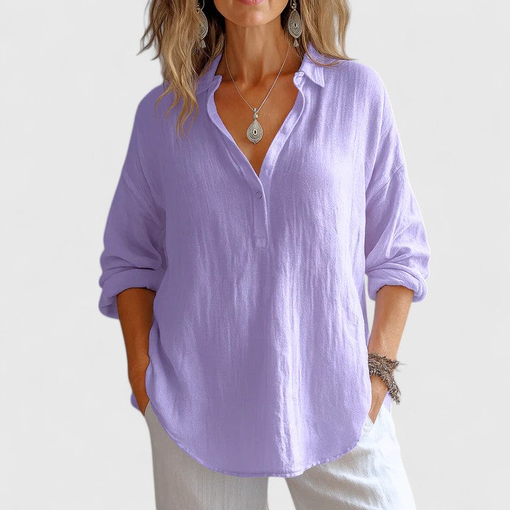 Céleste | Long Sleeve V-Neck Linen Blouse