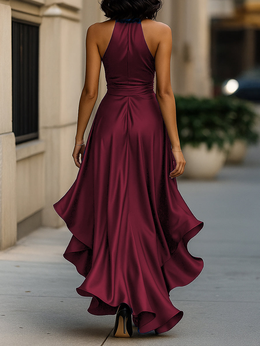 Dominique | Satin Halter Wrap Bow Formal Maxi Dress