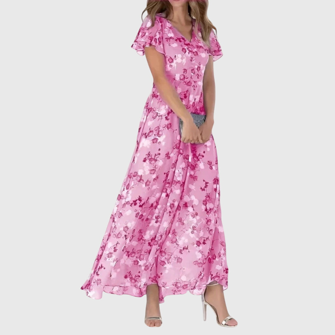 Riviera | Floral Chiffon Maxi Summer Dress with Flutter Sleeves