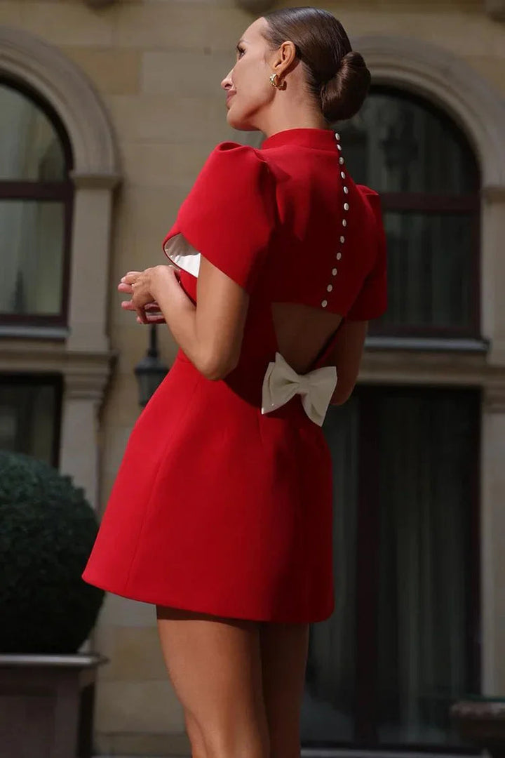 Ondine | Women's Mock Neck Puff Sleeve Fit and Flare Mini Dress