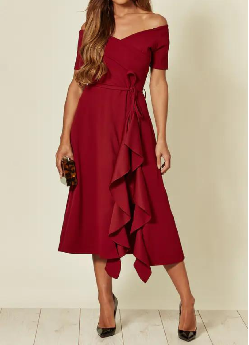 Genevieve | Ruffle Hem Bardot Off Shoulder Dress