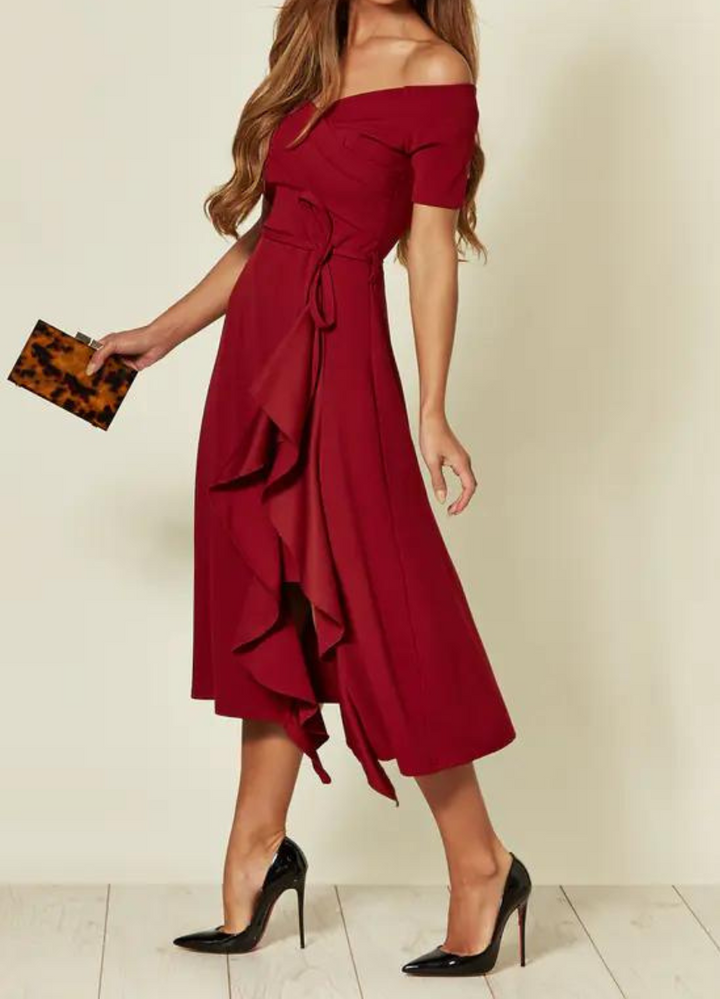 Genevieve | Ruffle Hem Bardot Off Shoulder Dress
