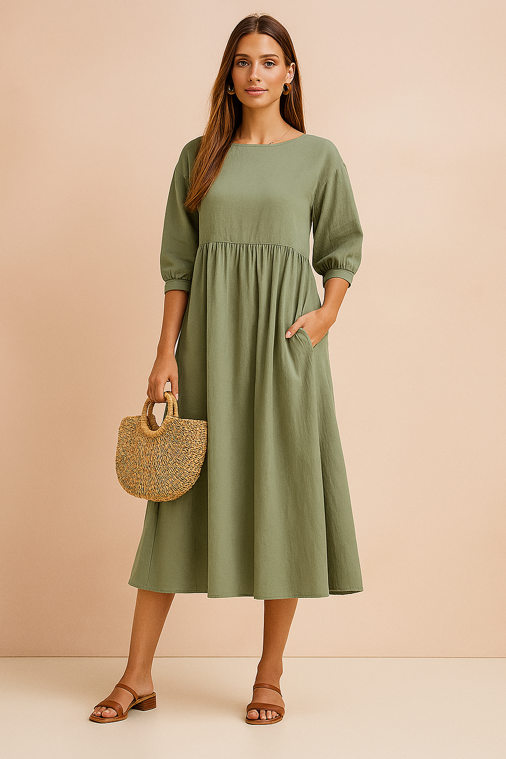 Margot | Babydoll Puff Sleeve Womens Pleated Midi Dress with Pockets
