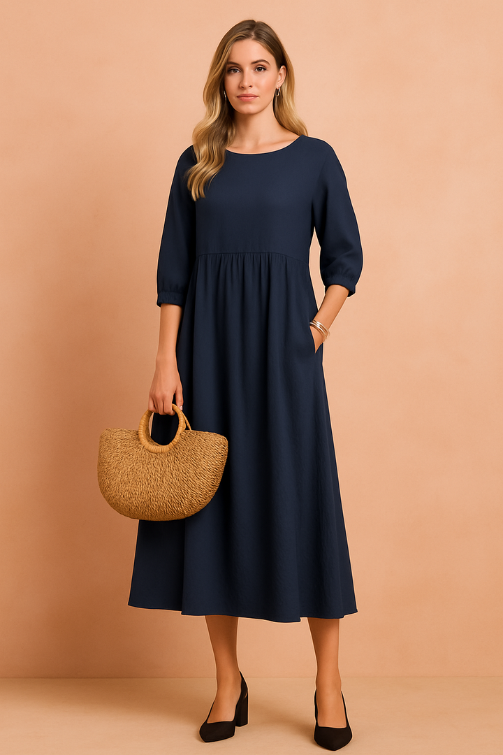 Margot | Babydoll Puff Sleeve Womens Pleated Midi Dress with Pockets