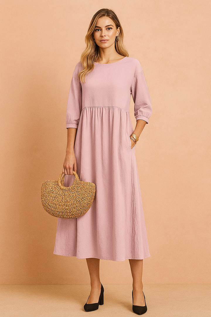 Margot | Babydoll Puff Sleeve Womens Pleated Midi Dress with Pockets