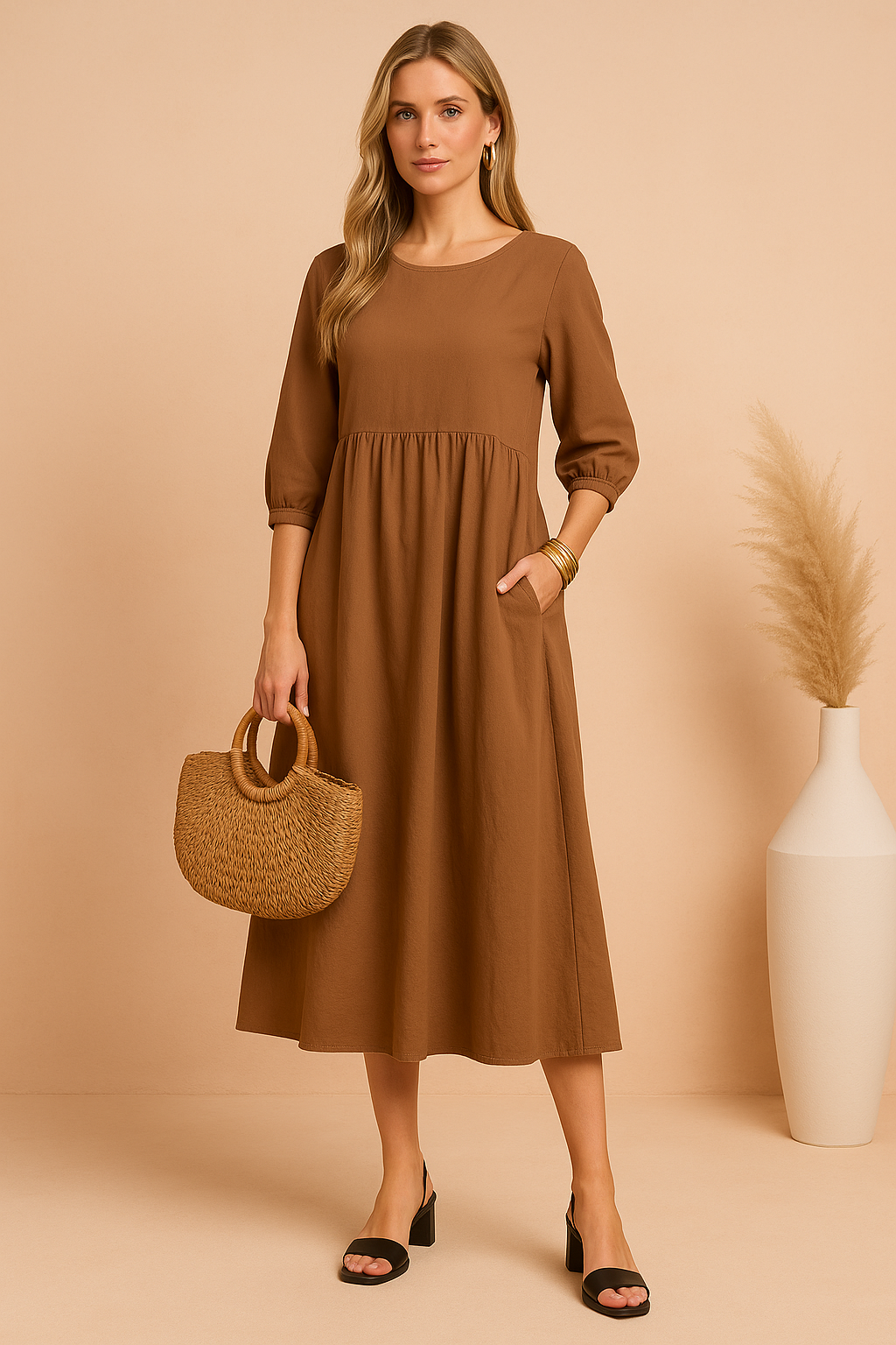 Margot | Babydoll Puff Sleeve Womens Pleated Midi Dress with Pockets