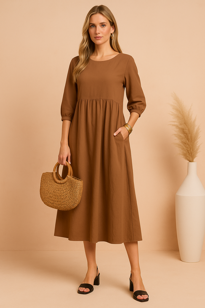 Margot | Babydoll Puff Sleeve Womens Pleated Midi Dress with Pockets