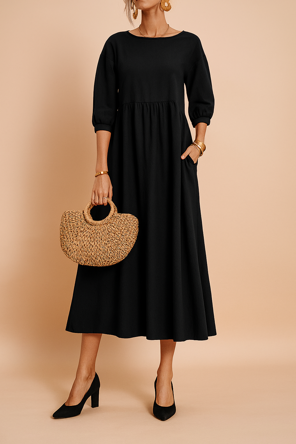 Margot | Babydoll Puff Sleeve Womens Pleated Midi Dress with Pockets