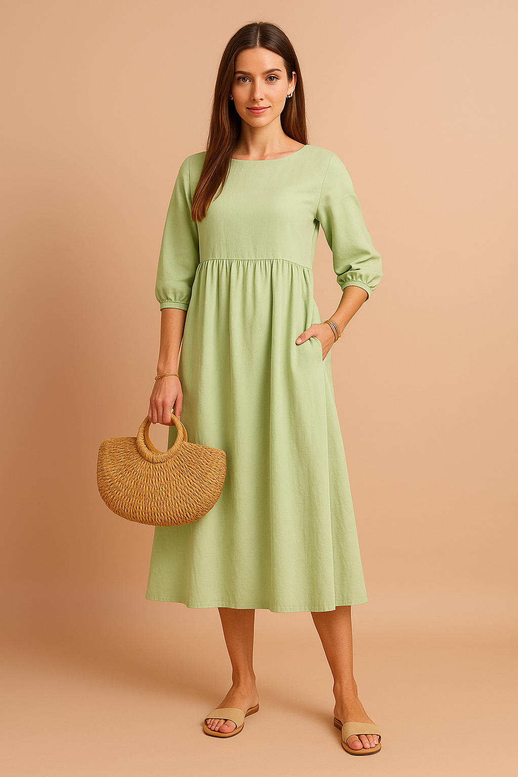 Margot | Babydoll Puff Sleeve Womens Pleated Midi Dress with Pockets