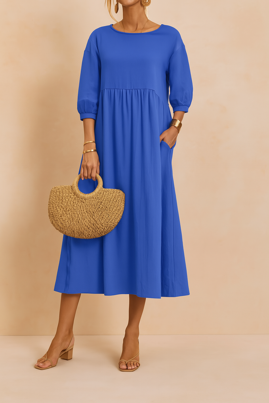 Margot | Babydoll Puff Sleeve Womens Pleated Midi Dress with Pockets