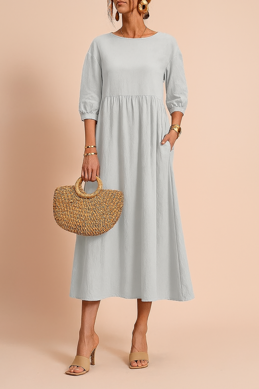 Margot | Babydoll Puff Sleeve Womens Pleated Midi Dress with Pockets