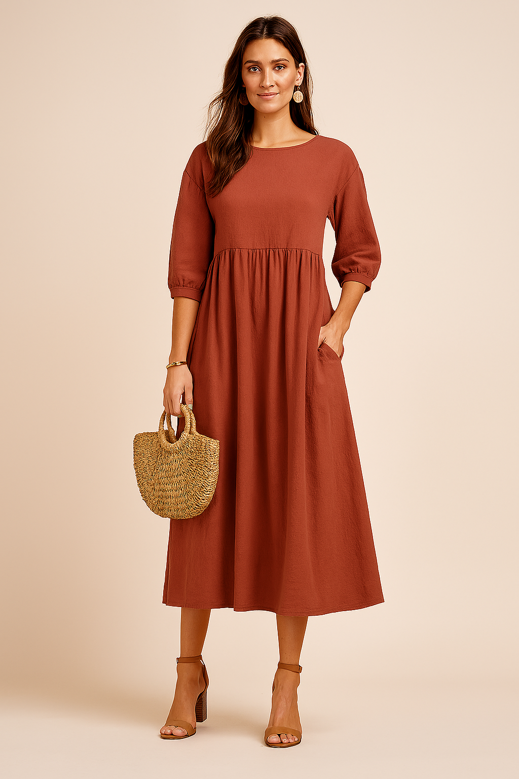Margot | Babydoll Puff Sleeve Womens Pleated Midi Dress with Pockets