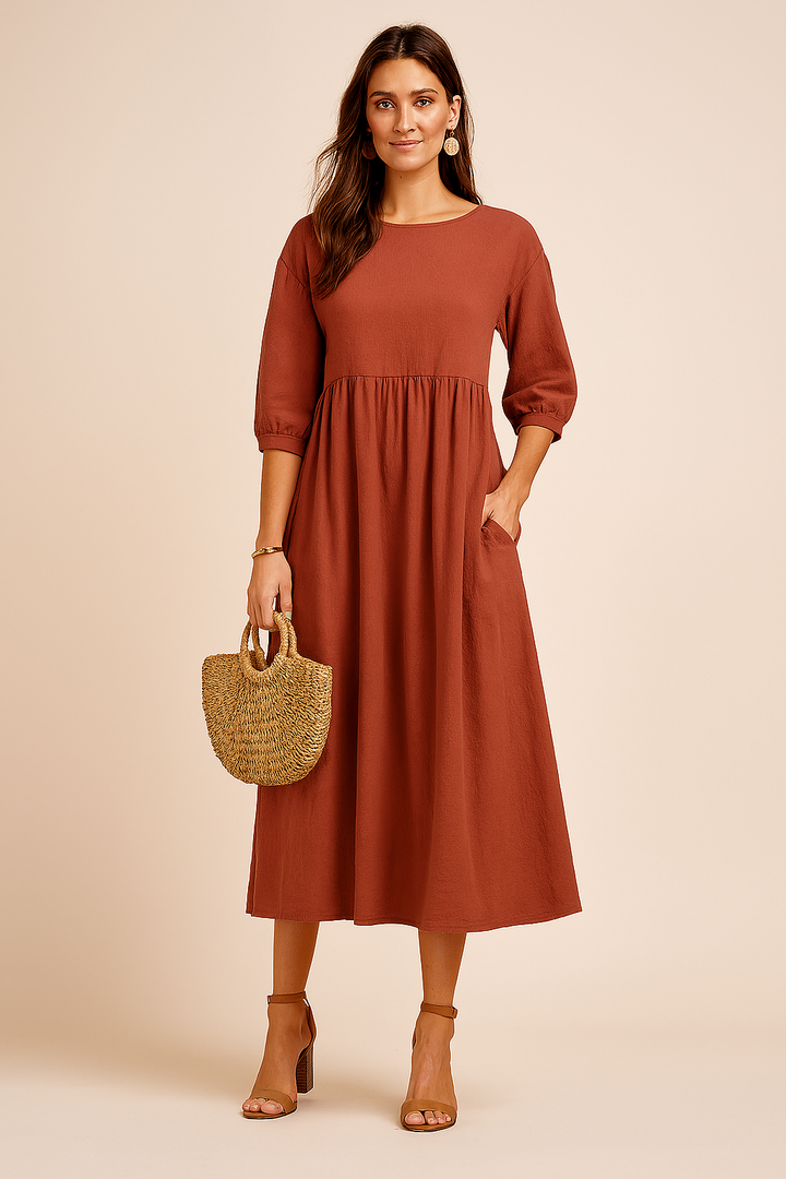Margot | Babydoll Puff Sleeve Womens Pleated Midi Dress with Pockets