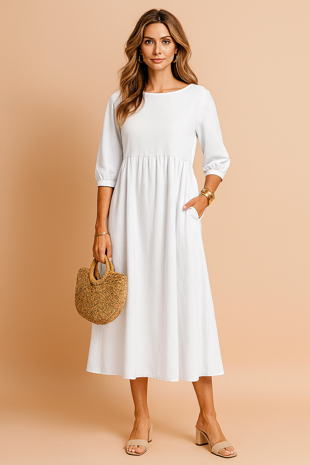 Margot | Babydoll Puff Sleeve Womens Pleated Midi Dress with Pockets