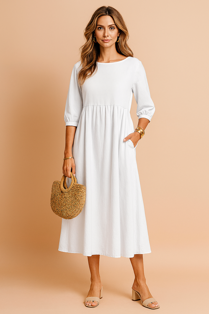 Margot | Babydoll Puff Sleeve Womens Pleated Midi Dress with Pockets