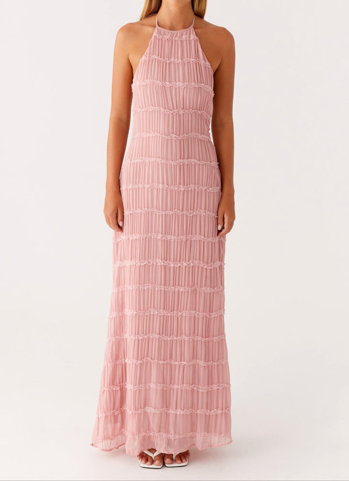 Evangeline | Textured Lace Trim Halter Neck Maxi Dress with Open Back