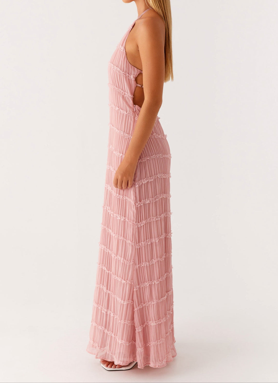 Evangeline | Textured Lace Trim Halter Neck Maxi Dress with Open Back