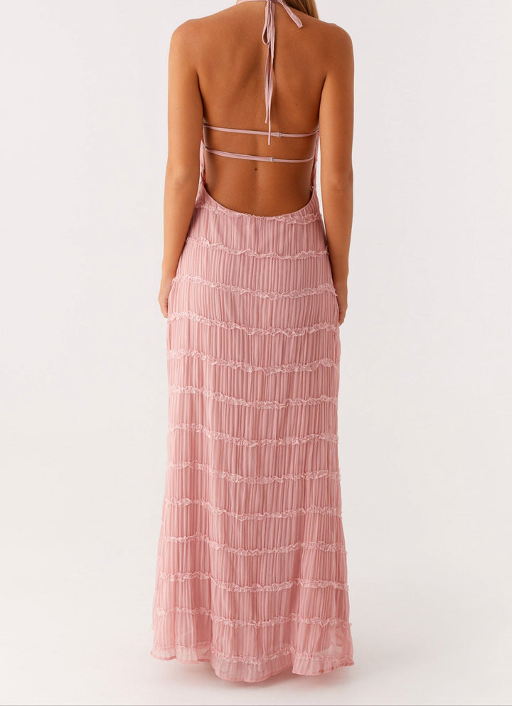 Evangeline | Textured Lace Trim Halter Neck Maxi Dress with Open Back