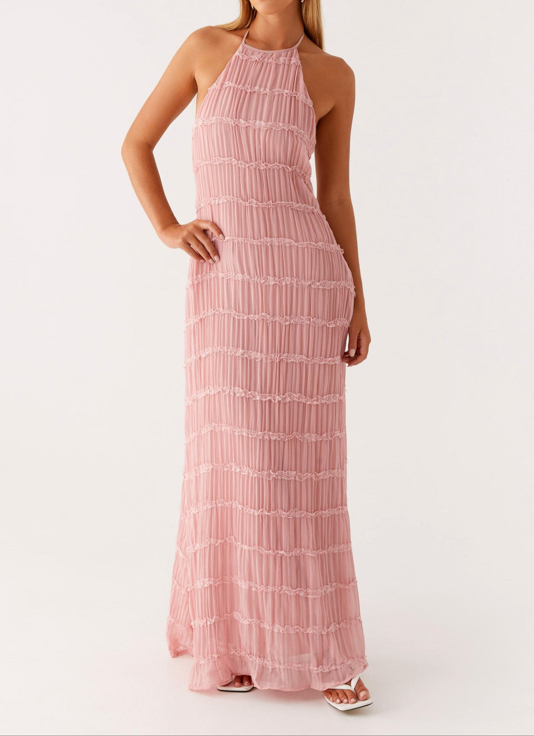 Evangeline | Textured Lace Trim Halter Neck Maxi Dress with Open Back