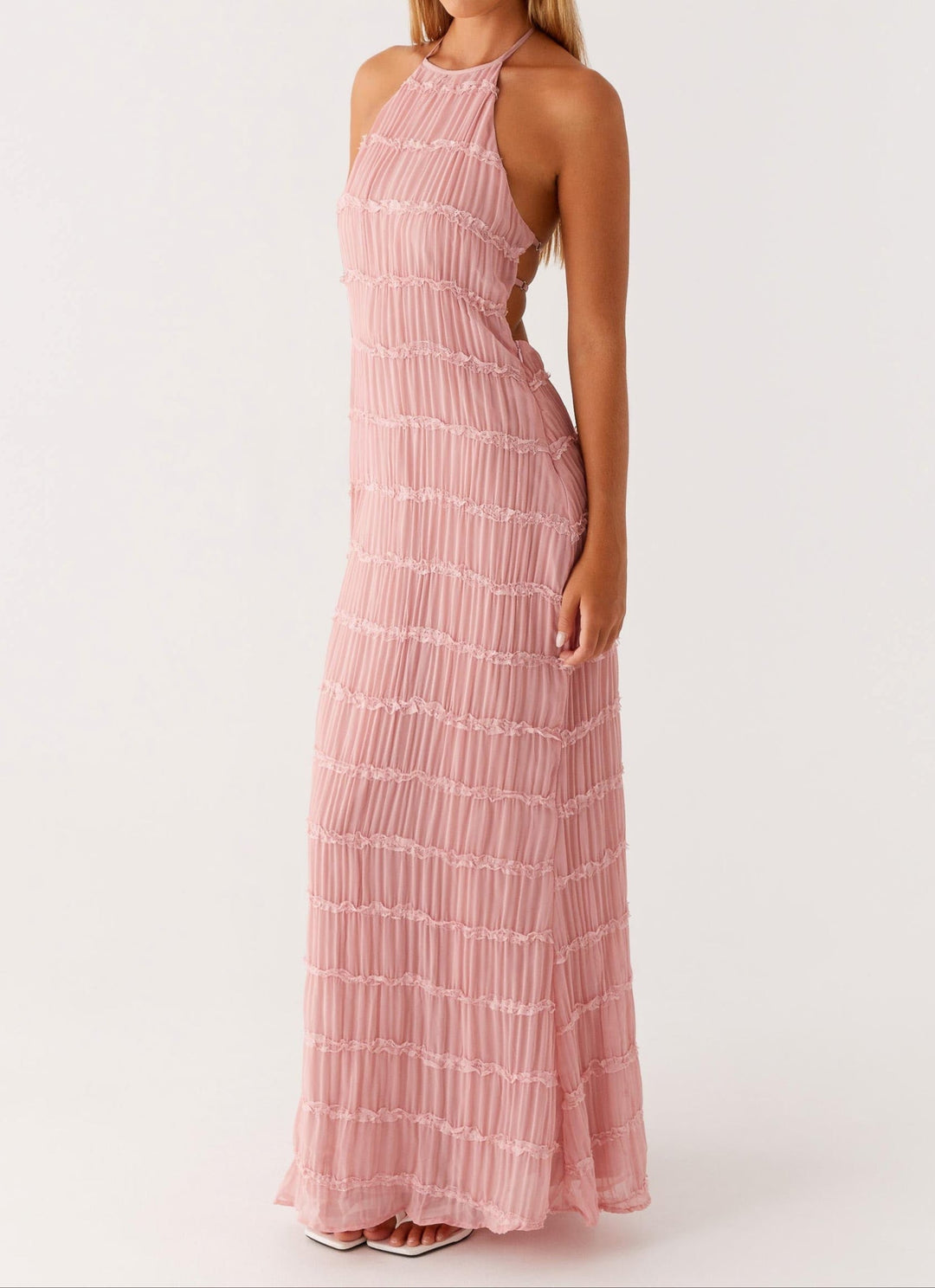 Evangeline | Textured Lace Trim Halter Neck Maxi Dress with Open Back