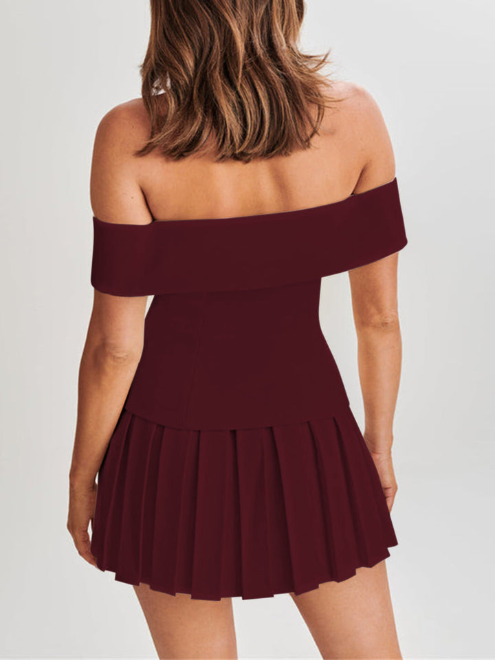 Vivette | Double Breasted Pleated Off Shoulder Dress