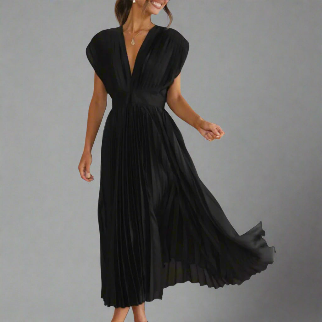 Vivienne | Deep V-Neck Womens Pleated Midi Dress with Padded Shoulders