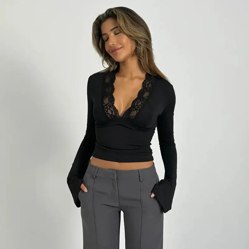 Isadora | Women's Long Sleeve Lace Trim Top with Deep V-Neckline