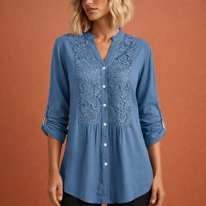Celeste | Lace Bib Front Button-Up Tunic Blouse